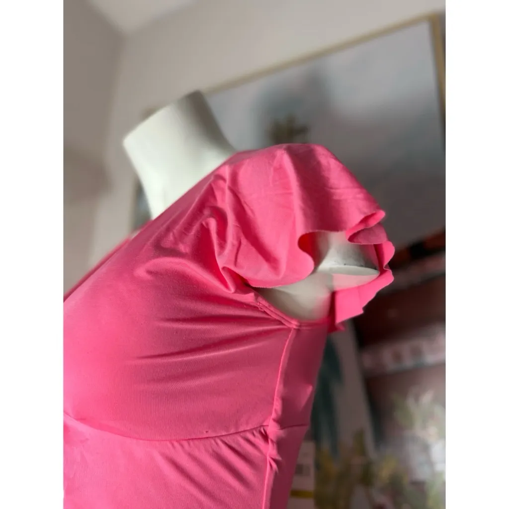 Trina Turk Pink Flutter Sleeve V-Neck One Piece Swimsuit Geranium Size 14 XL - Image 7