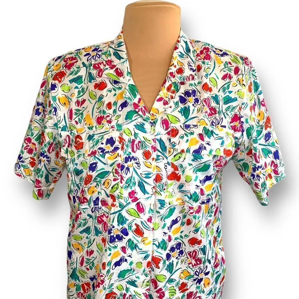 Vintage Notations Petite Shirt White Multicolored Lime Green Flower Button Up Size 12P - Image 4