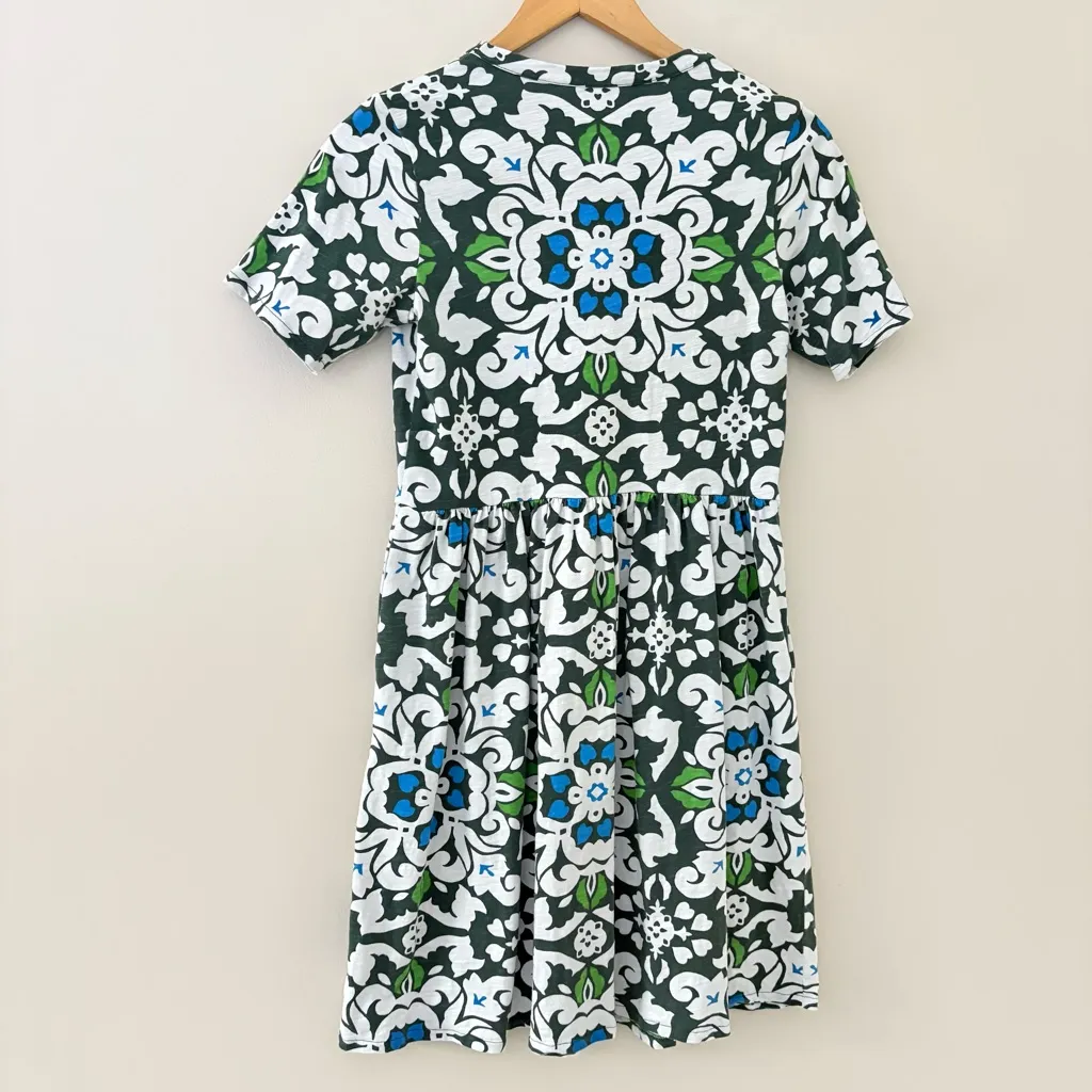 Boden Easy Notch Neck Jersey Dress 100% Cotton Green Blue Floral Size 4 - Image 5