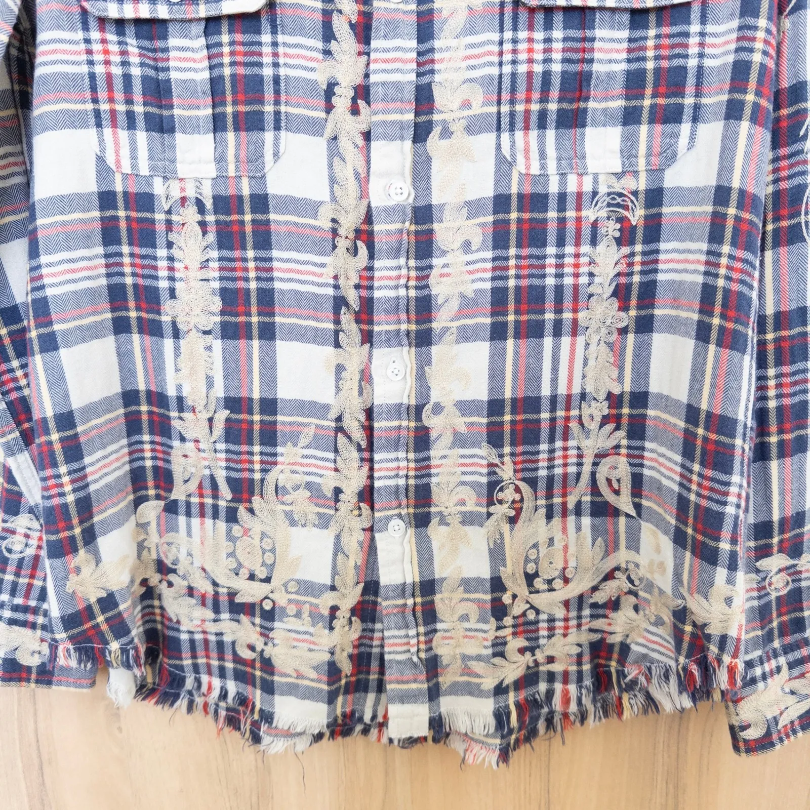 MM Vintage Women Embroidered Flannel Shirt Size M Plaid Blue Western Boho Grunge Size M - Image 3
