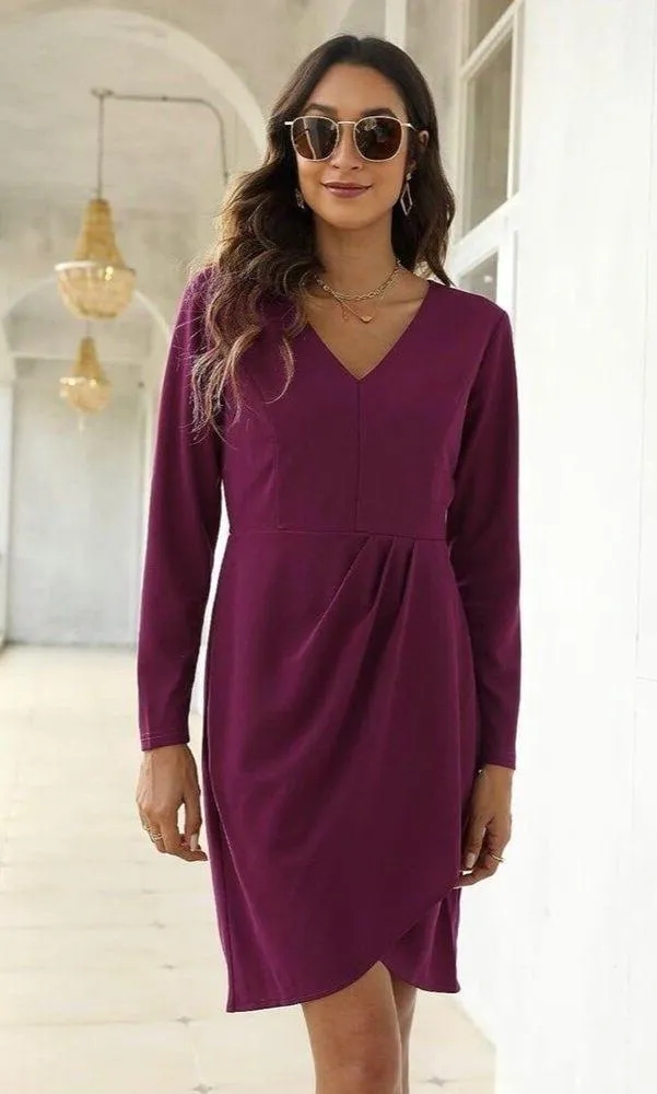 Woman's Midi Dress Bodycon Long Sleeve V - Image 3