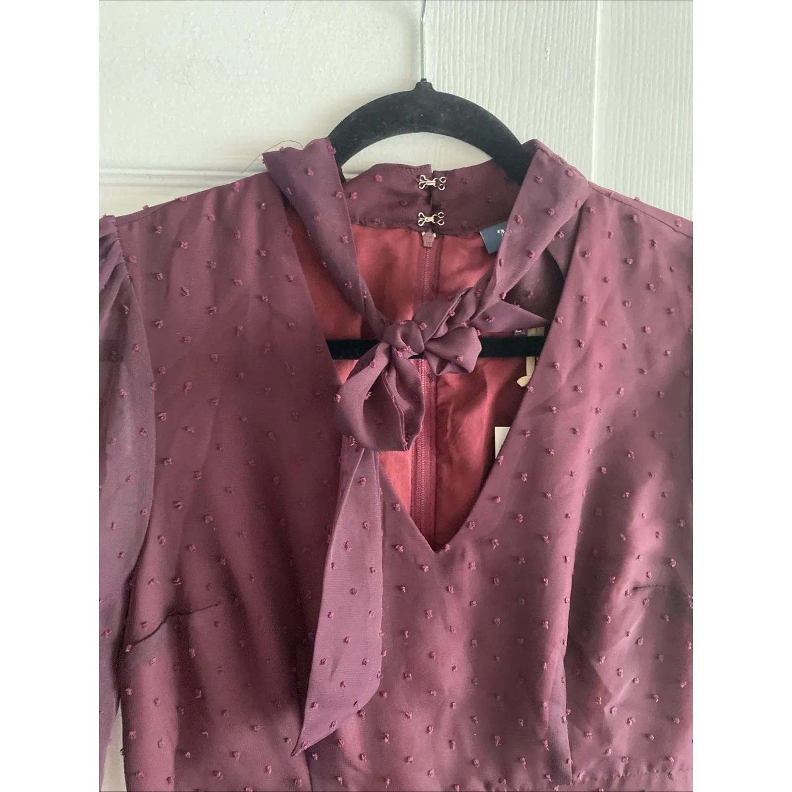 Modcloth Womens 8 Apogee of Elegance Maroon Long Sleeve Dress Swiss Dot Twee - Image 3