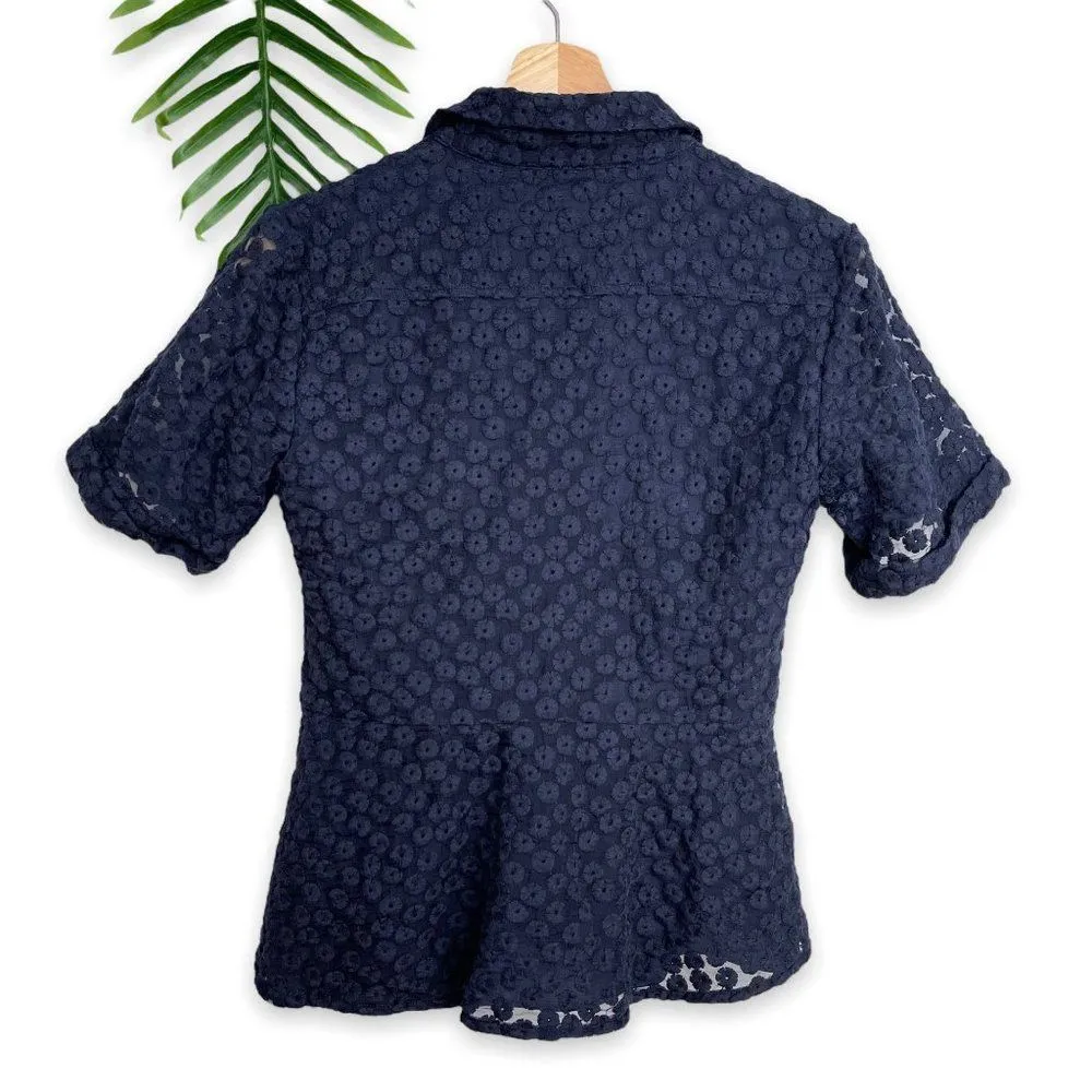 Banana Republic Floral Embroidered Peplum Button-Front Shirt in Navy - Image 4