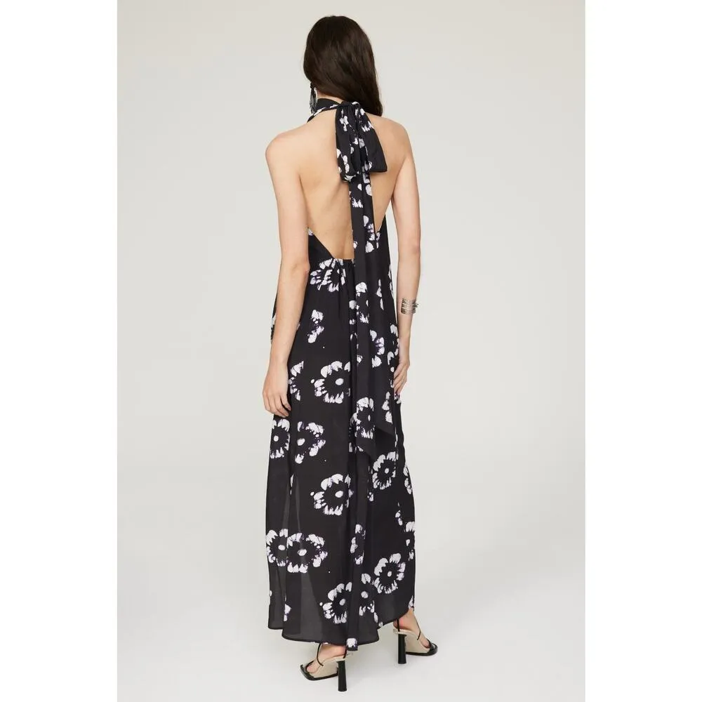 Busayo Collective Hibiscus Floral Print Black Halter Tie Neck Maxi Dress Size XS - Image 3