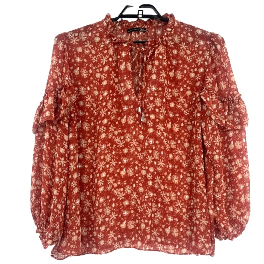 Black Tape Floral Peasant Top Sz 2X Rust Ruffle Sheer Chiffon Boho Swiss Dot Brown - Image 2