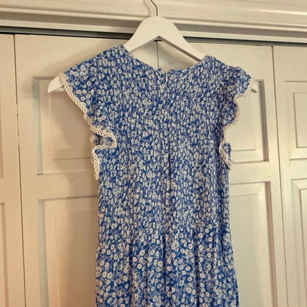 Lost & Wander pick me blue floral shirt ruffle smocked midi dress small - Image 8