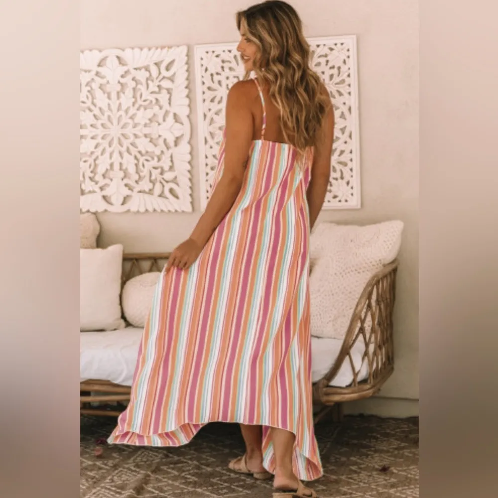 NEW Colorful Striped Spaghetti Strap Handkerchief Hem Maxi Dress Size Large - Image 2