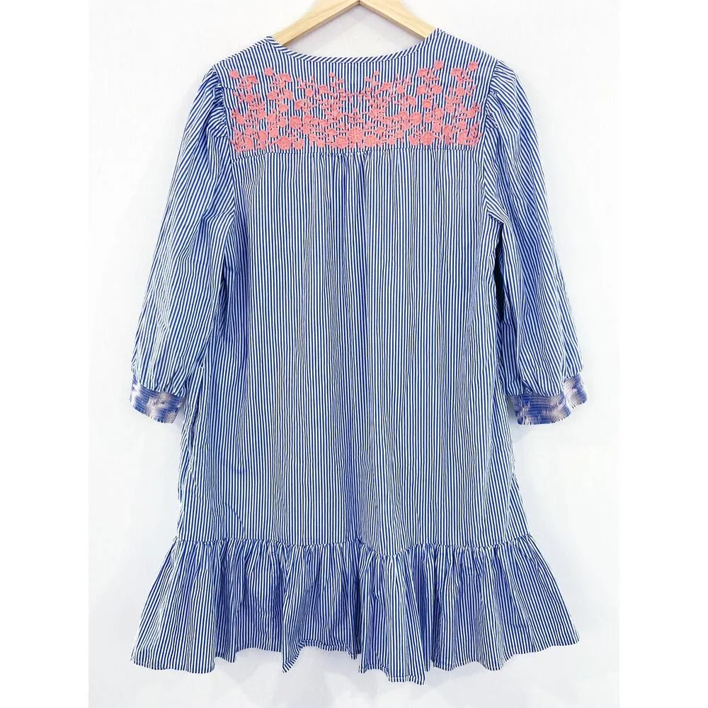 J Crew Floral Embroidered Popover Dress Ruffled Hem Blue White Stripe Medium - Image 2