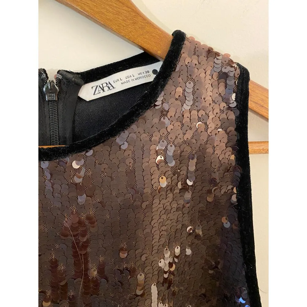 Zara Chocolate Brown Black Sequin Sparkle Velvet Trim Holiday Party Dress Mini L - Image 4