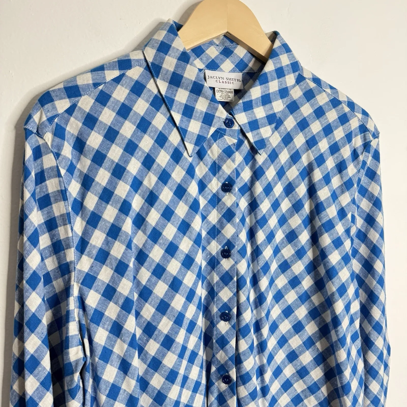 Jaclyn Smith Linen Rayon Blend Plaid Check Tunic Pull Tab Sleeves Blue White XL - Image 6