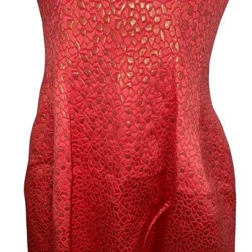 CUT25 By Yigal Azrouel Melon/Gold‎ Leather Trim Jacquard Dress EUC Size 2 Orange - Image 5