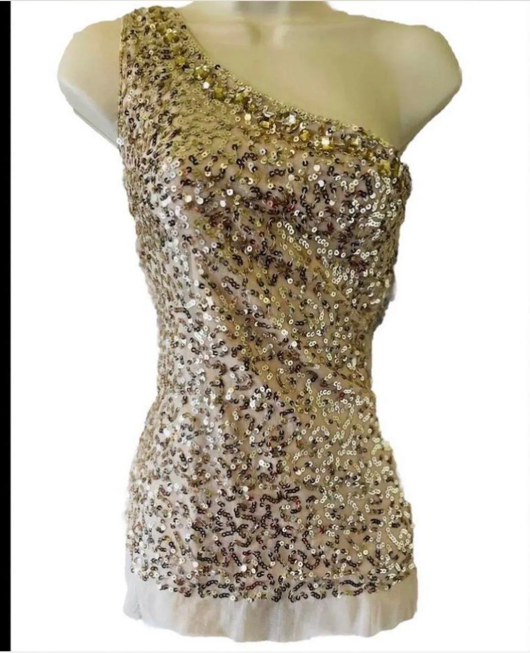 Vintage Gold Sequin Ruffle Top One Shoulder - Image 3