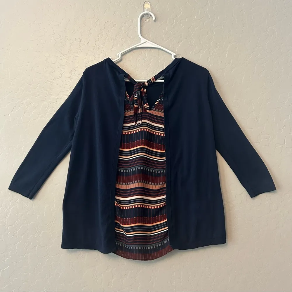 Ann Taylor LOFT navy sweater with striped sheer back panel and bow size medium - Image 7