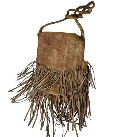 Monserat Lucca Fringe Flap Shoulder Crossbody Bag Leather Taupe Brown Bohemian - Image 1