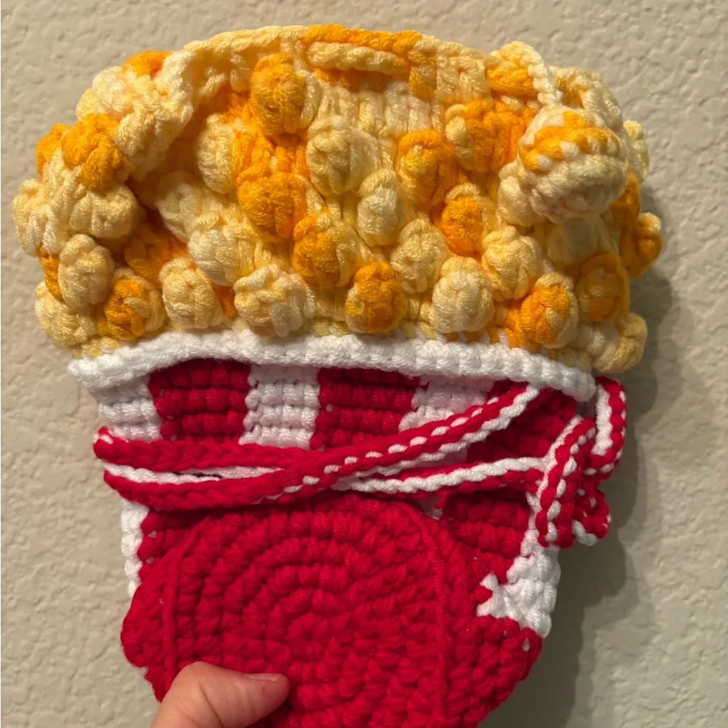 Handmade Crochet Popcorn Bag Knit Shoulder Purse Red White Yellow Unique Gift - Image 4