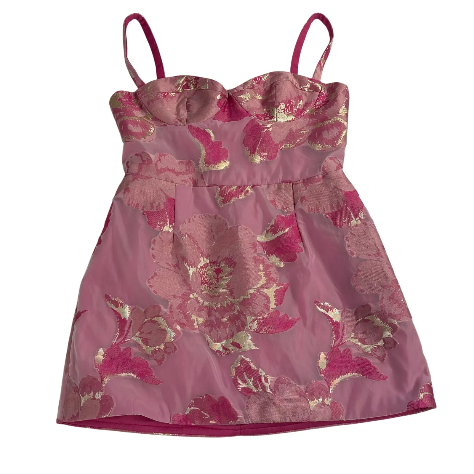 Katie May Claudette Mini Dress in Pink Peacock Floral Metallic size Large - Image 4