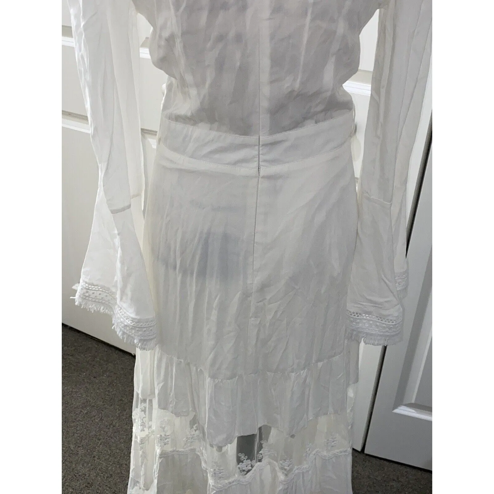 Muy Muy Fancy Cottage Core Lace Embroidered Bell Sleeves White Maxi Dress Sz Sm - Image 14