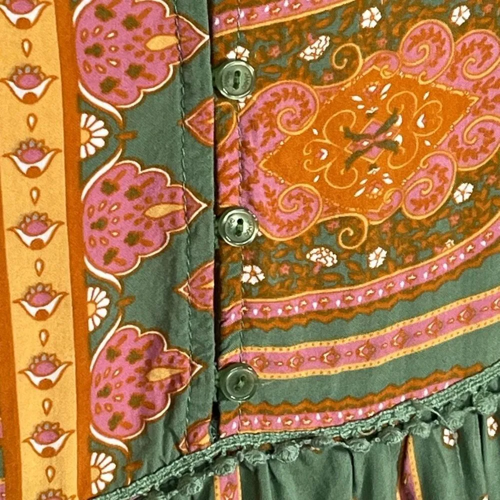 Anthropologie Jaase Sz S Blouse Flutter Sleeve Tassel Tie Green Orange - Image 5