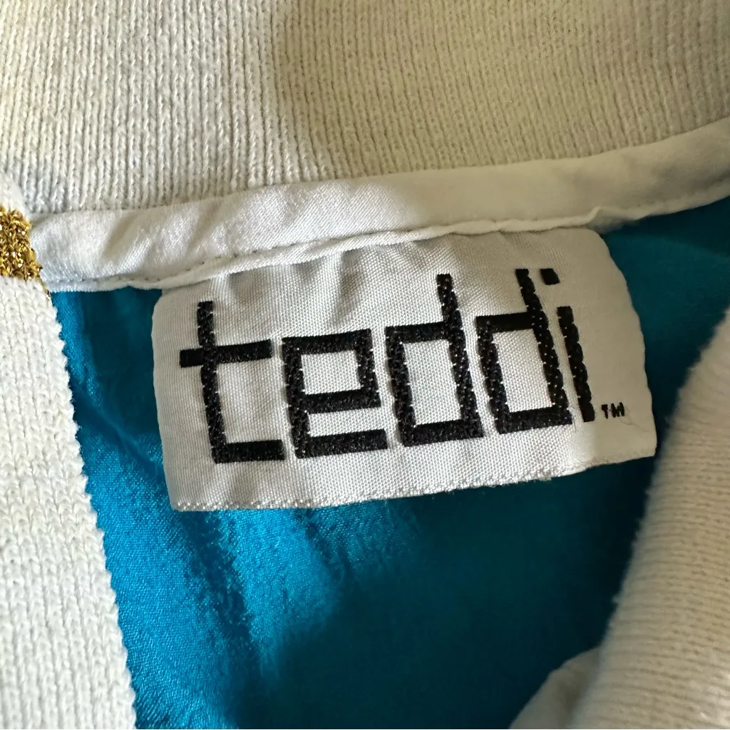 Teddi Vintage 80’s White and Teal Half Button Up Shirt with Shoulder Pads Blue Size L - Image 3