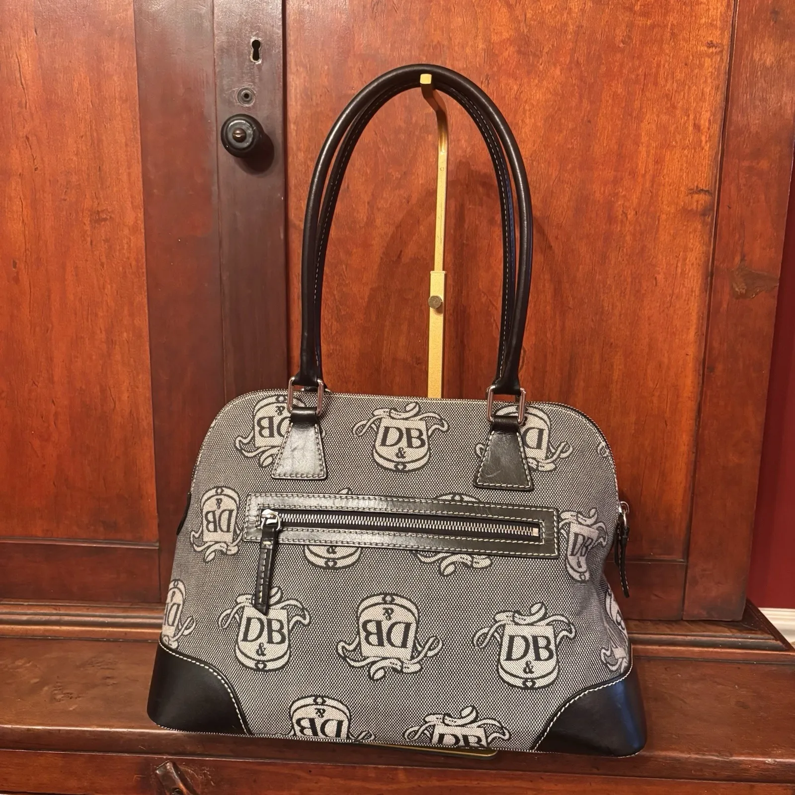 Dooney & Bourke DB Monogram Canvas Satchel Purse Black Leather With Wristlet - Image 5