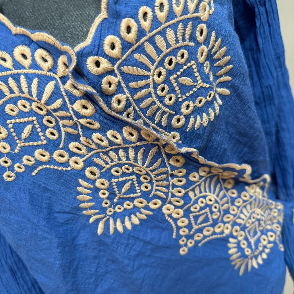 Figueroa & Flower Med Blouse Embroidered Faux Wrap Royal Blue Side Tie Crinkled - Image 2