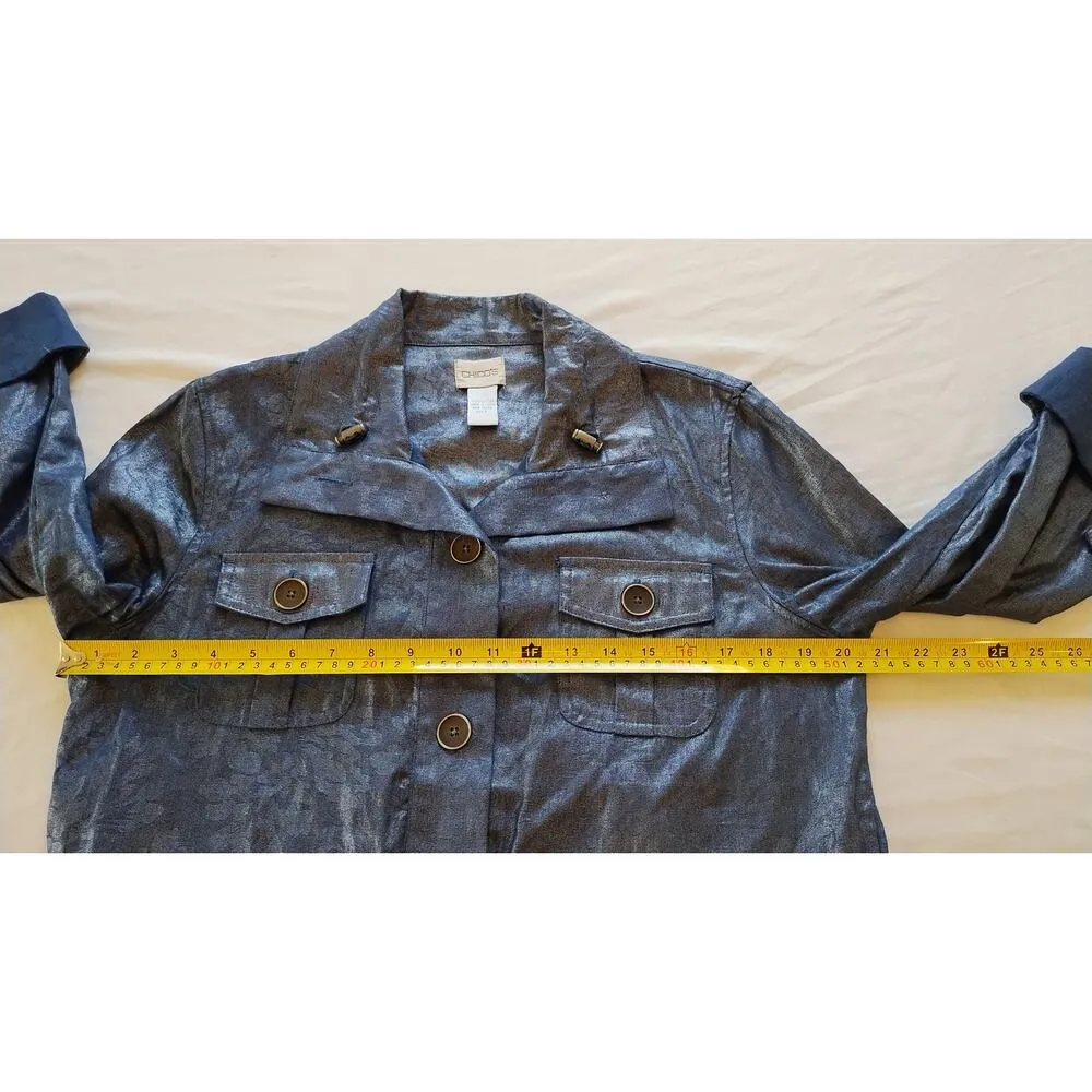 Chicos Women's Blue Floral Metallic Shimer Roll Tab Sleeve Jacket Size 1 - Image 12