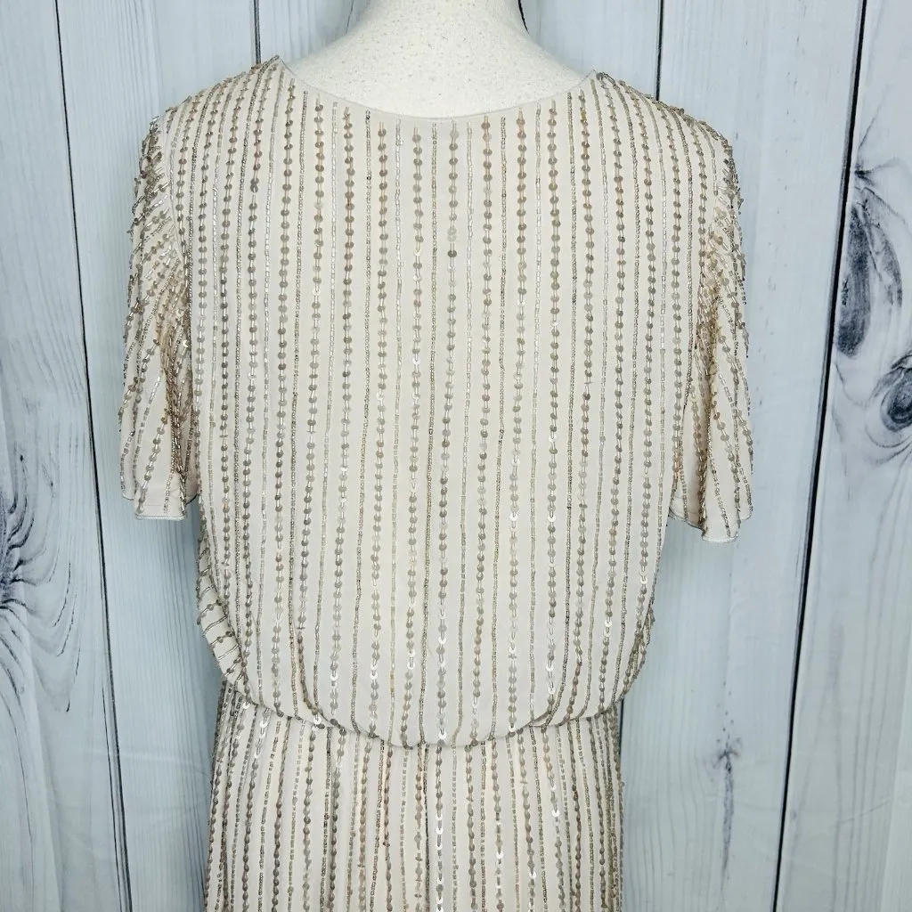 Show Me Your MuMu Sz L Michelle Flutter Dress Gown Show Me the Ring Beaded Beige - Image 10
