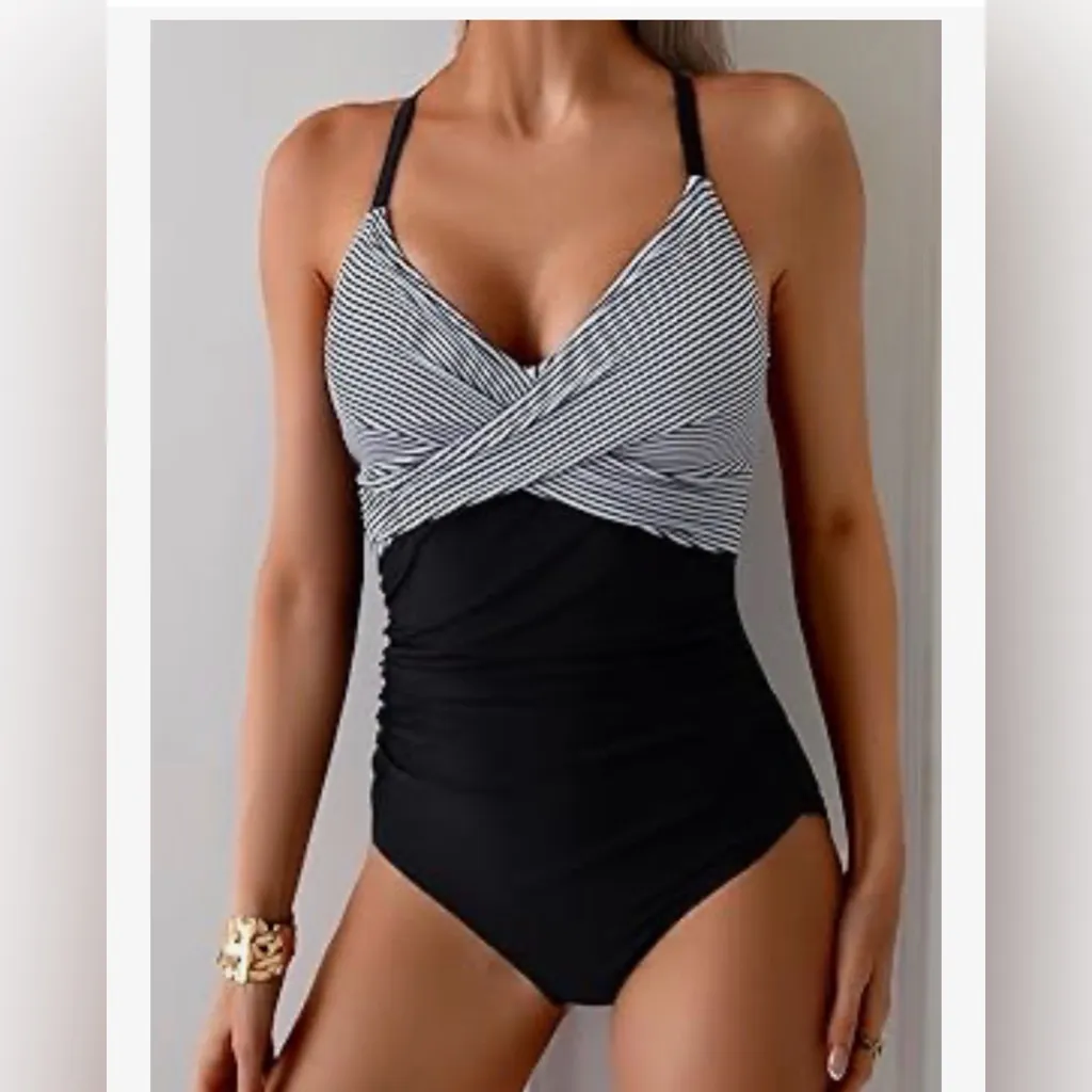 NEW 1 Pc Swimsuit Bathing Suit Tummy Control Slimming Front Cross Tie Back S Black - Image 3