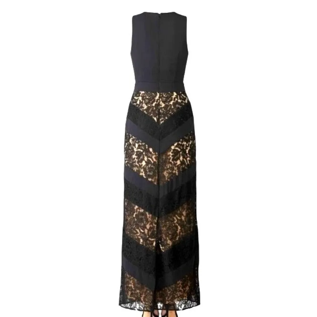 Fame & Partners The Spring Dress Sz 6 Cutout Chevron Lace Keyhole Column Maxi Black - Image 5