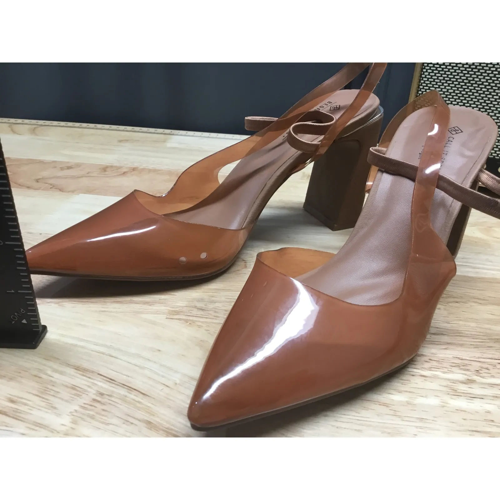 Call It Spring Strappy Heels Women 8 Tan Clear Block Heel Pointed Toe Slingback - Image 4