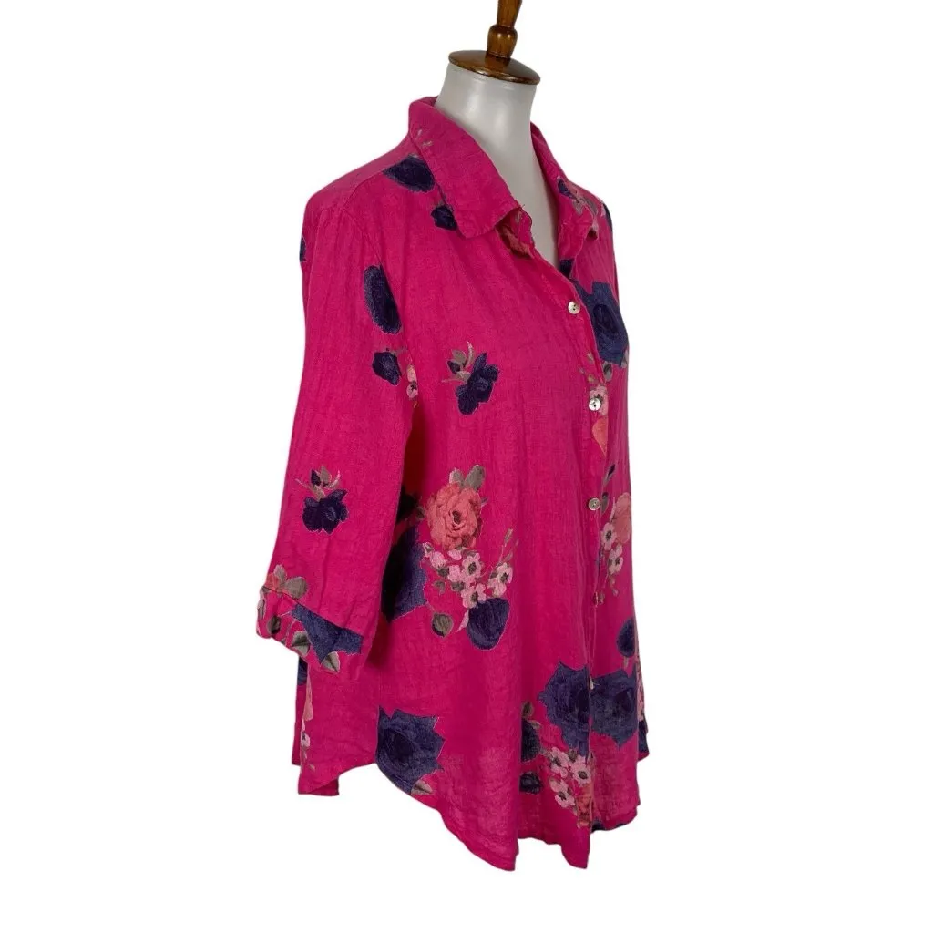 New Collection Linen Top One Size Pink Floral 34 Sleeve Boho‎ Resort - Image 3