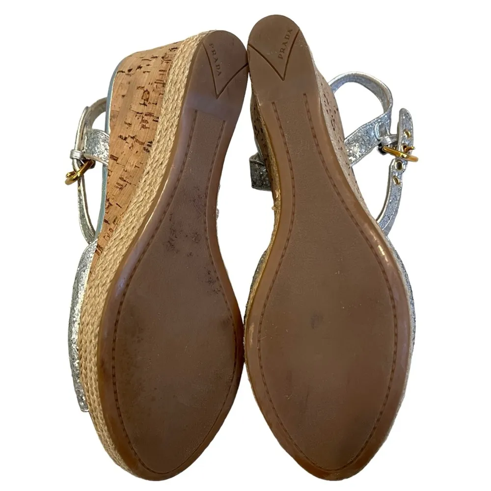 Prada Silver Glitter Cork Wedge Sandal, Sz 40 - Image 11