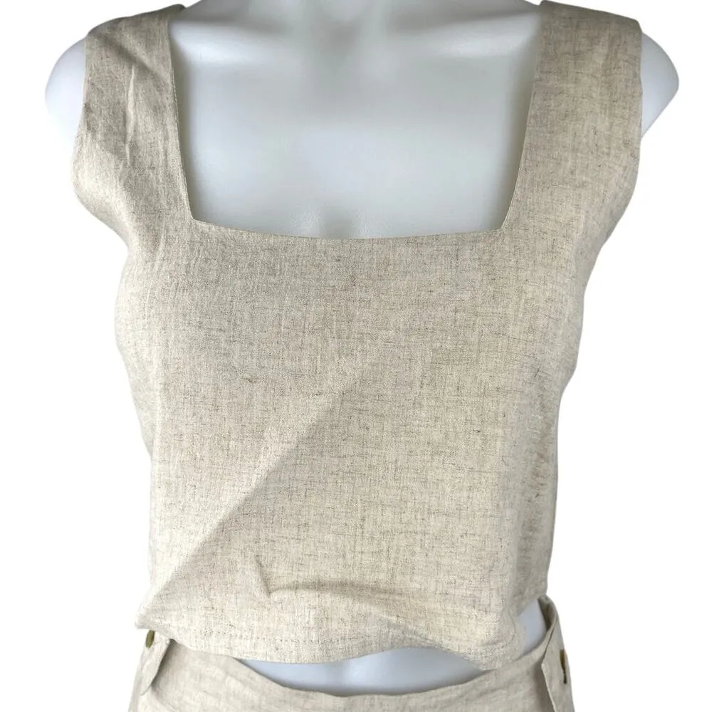 Free The Label Beige Linen Sleeveless Crop Top & High Waist Shorts 2 Piece Set S - Image 3