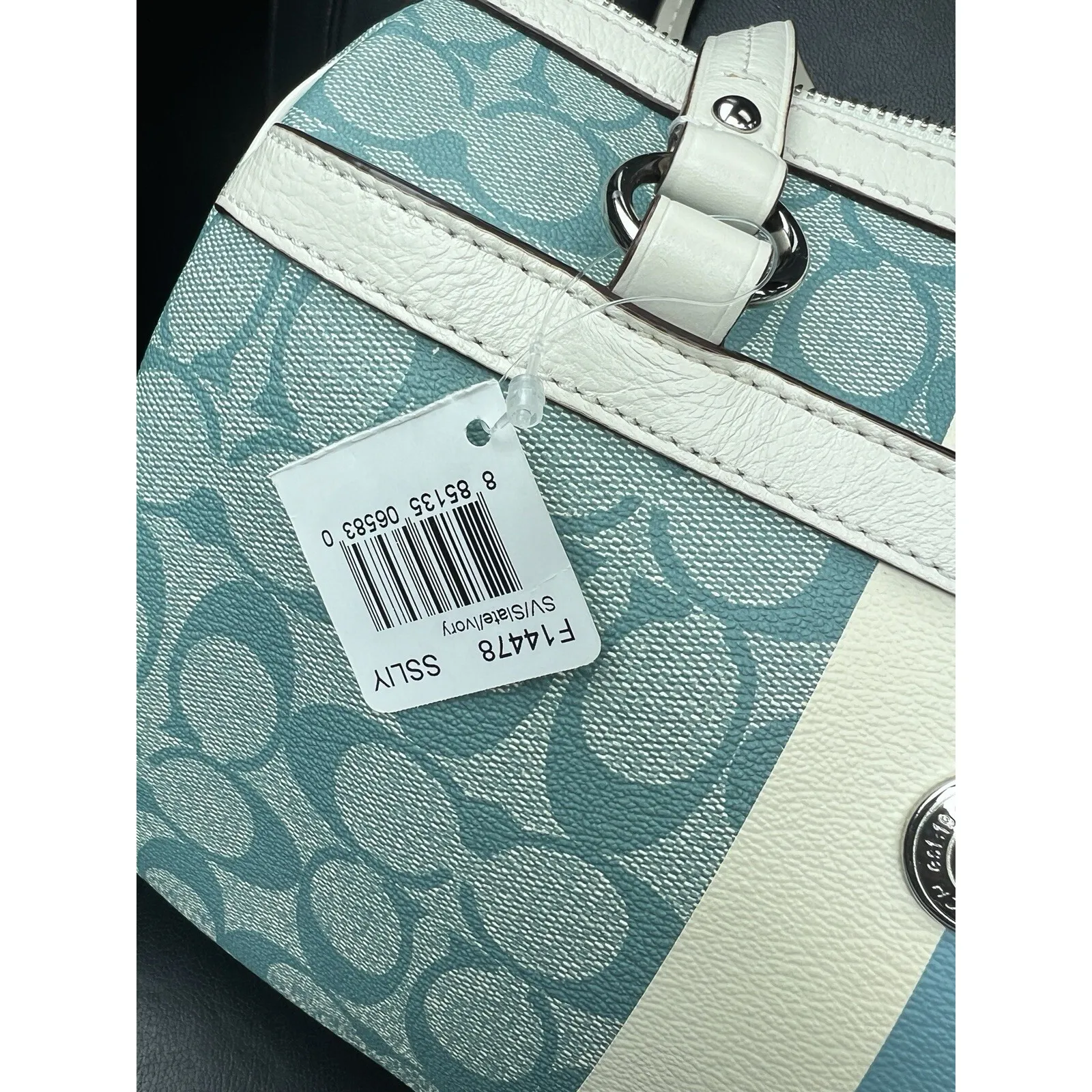 Coach Signature C Monogram Canvas Leather Trim Boston Bag Teal Cream Blue - Image 16