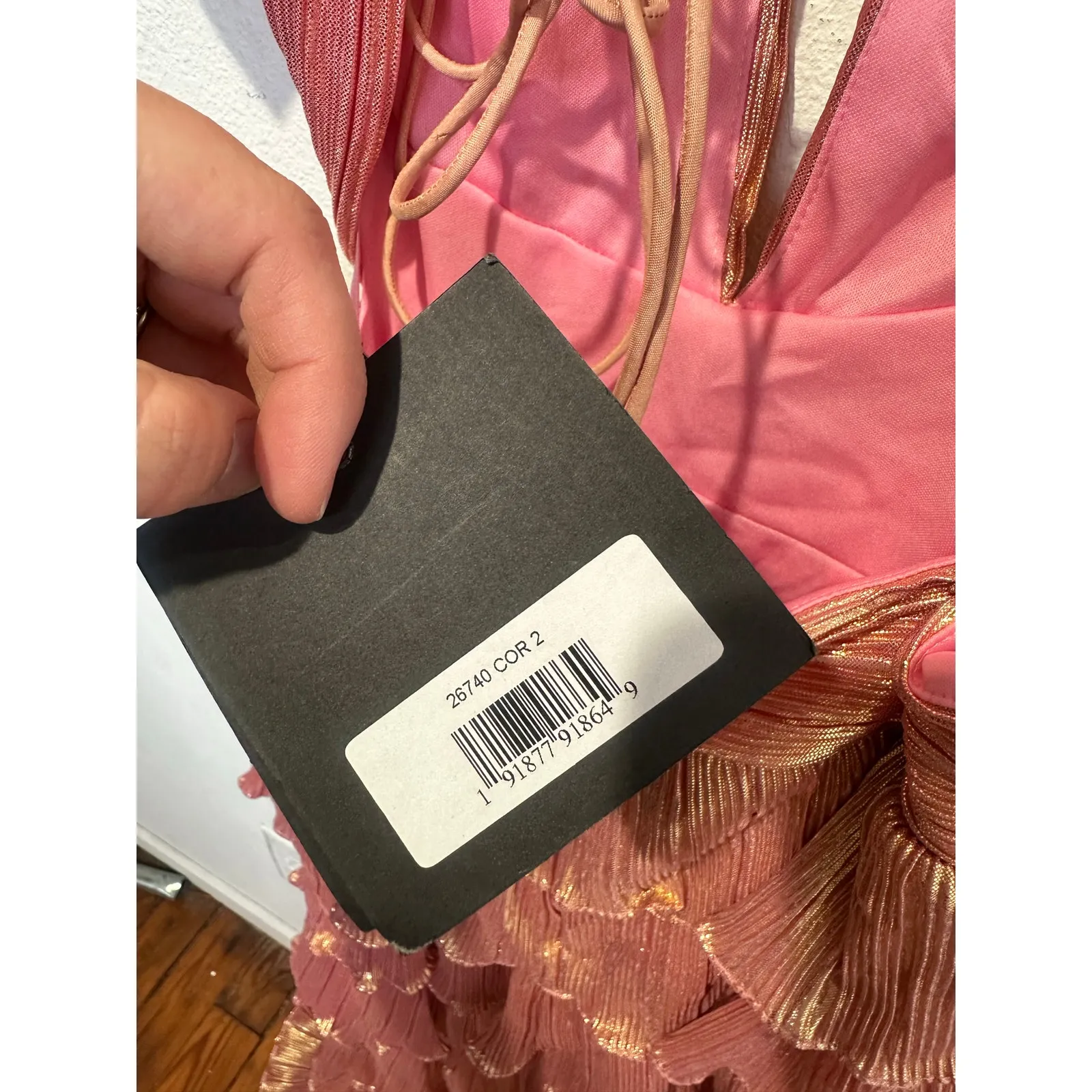 MAC DUGGAL Coral Pink Gold Ruffle Tiered Criss Cross Lace Up Back Gown Dress 2 - Image 13