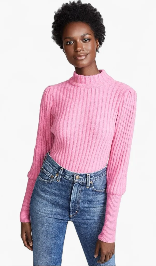 WAYF Miles Puff Sleeve Ribbed Turtleneck Sweater Size S – Soft Pink Knit - Image 1