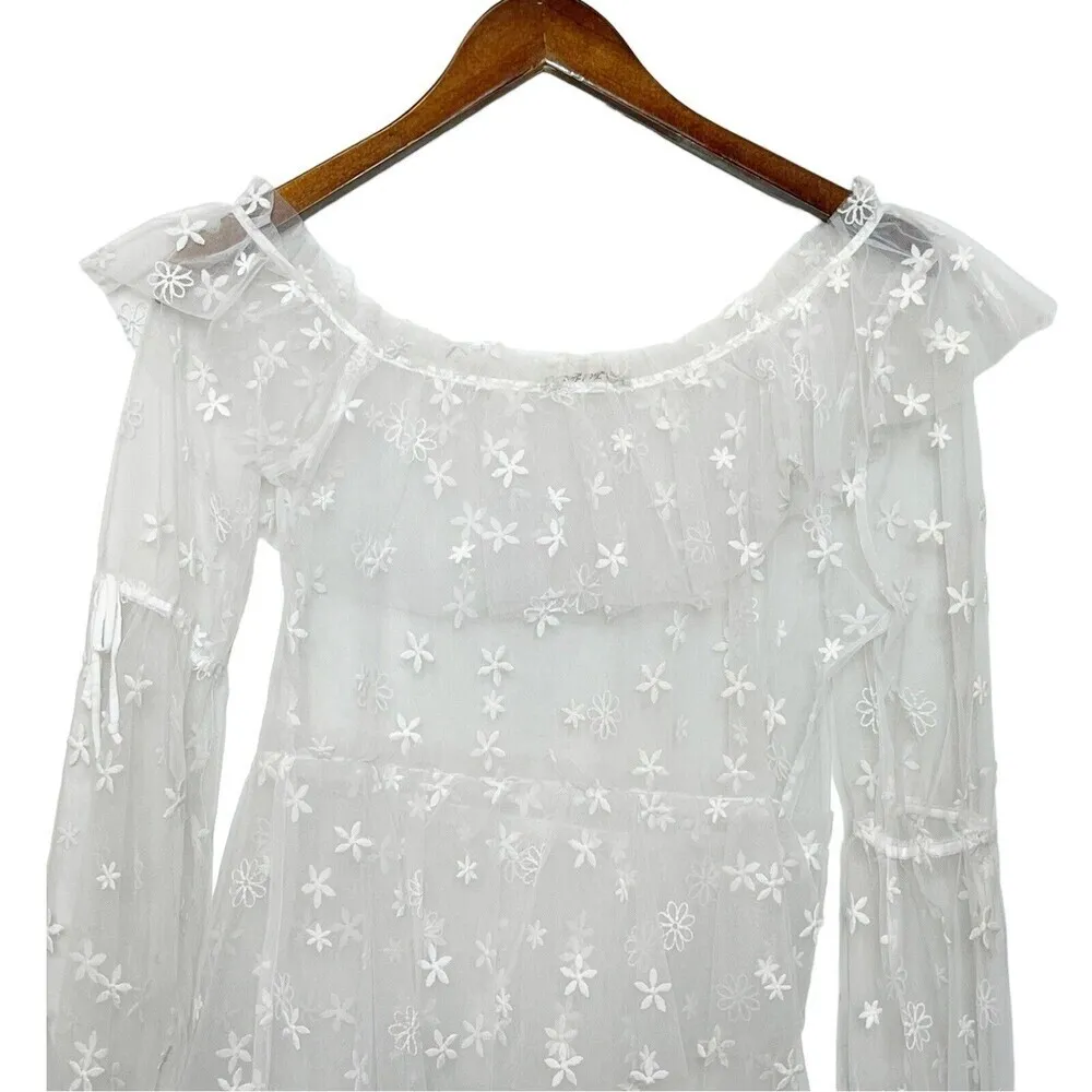 For Love & Lemons Claudia Tulle Dress Sheer Daisy Women’s Size Small Off Shoulde White - Image 9