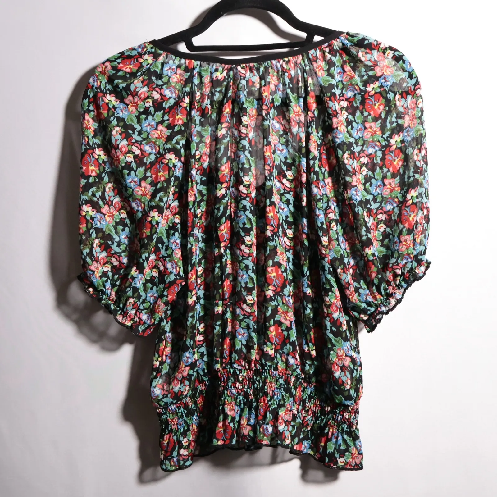 Floral Sheer Blouse Peasant Top Smocked Waist Lace Whimsigoth L Fairy Grunge - Image 2