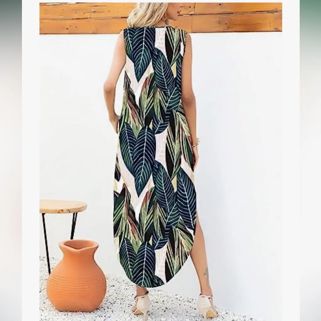 ANRABESS Sleeveless Tropical Leaf Print Maxi Dress Green Size M - Image 4