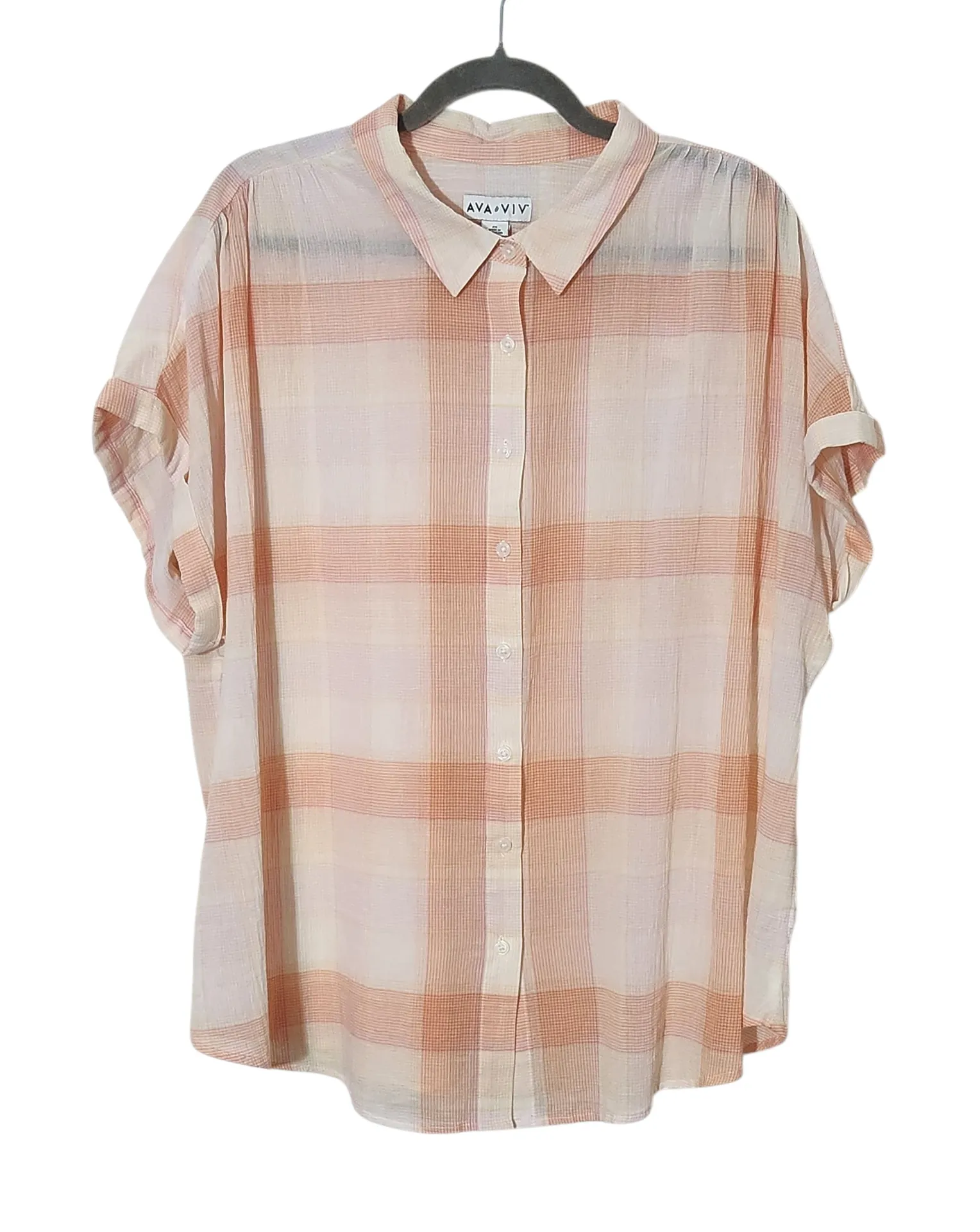 Ava & Viv Pink and Orange Plaid Button-Up Shirt Size 2X Plaid Sheer Top - Image 1