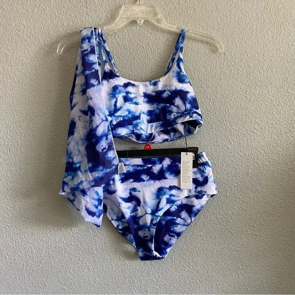 Kate Kasin 3 piece bikini short sarong set NWT Size XL High Waist‎ Blue - Image 3