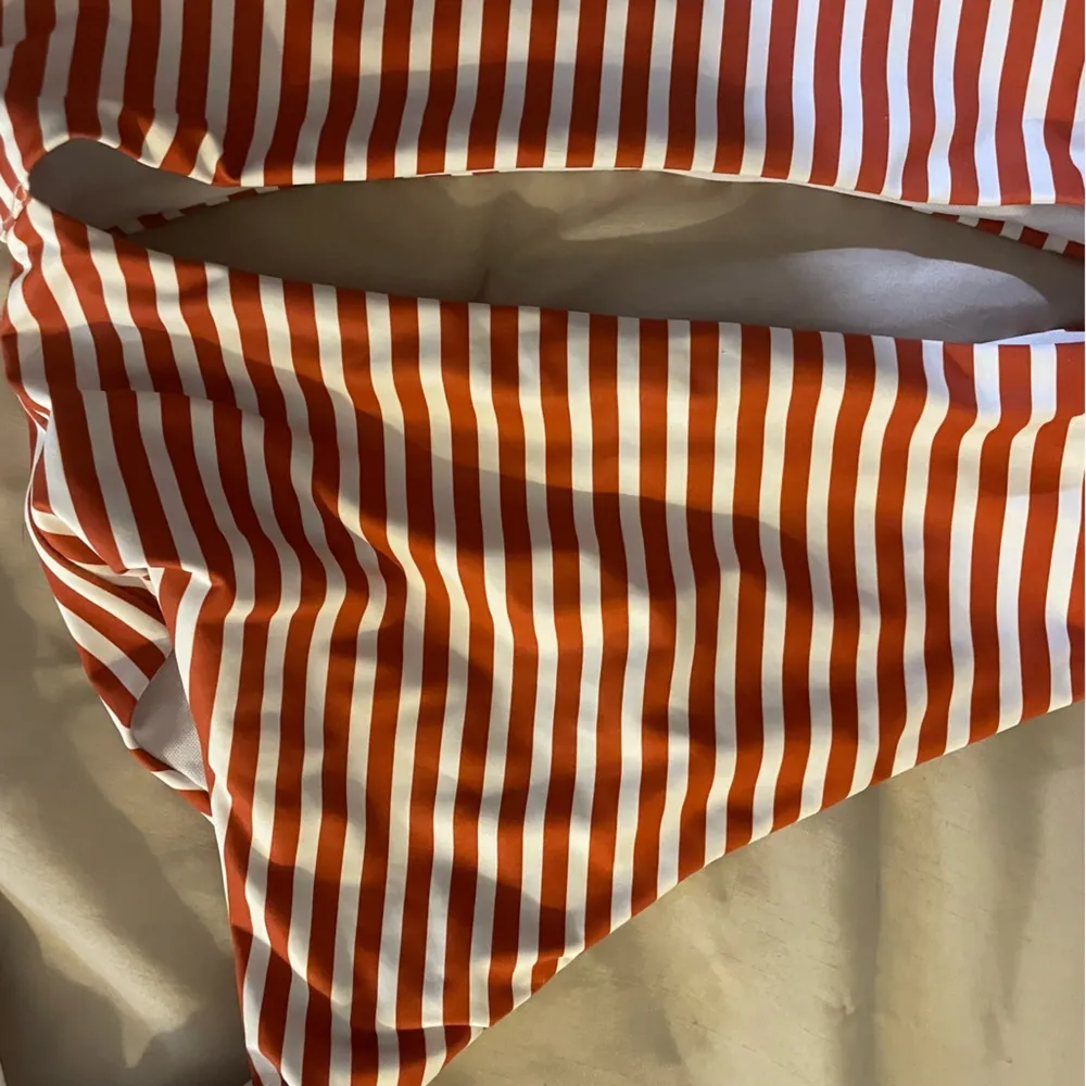 Women’s orange and white vertical striped cut out monokini/one piece swimsuit - Image 3