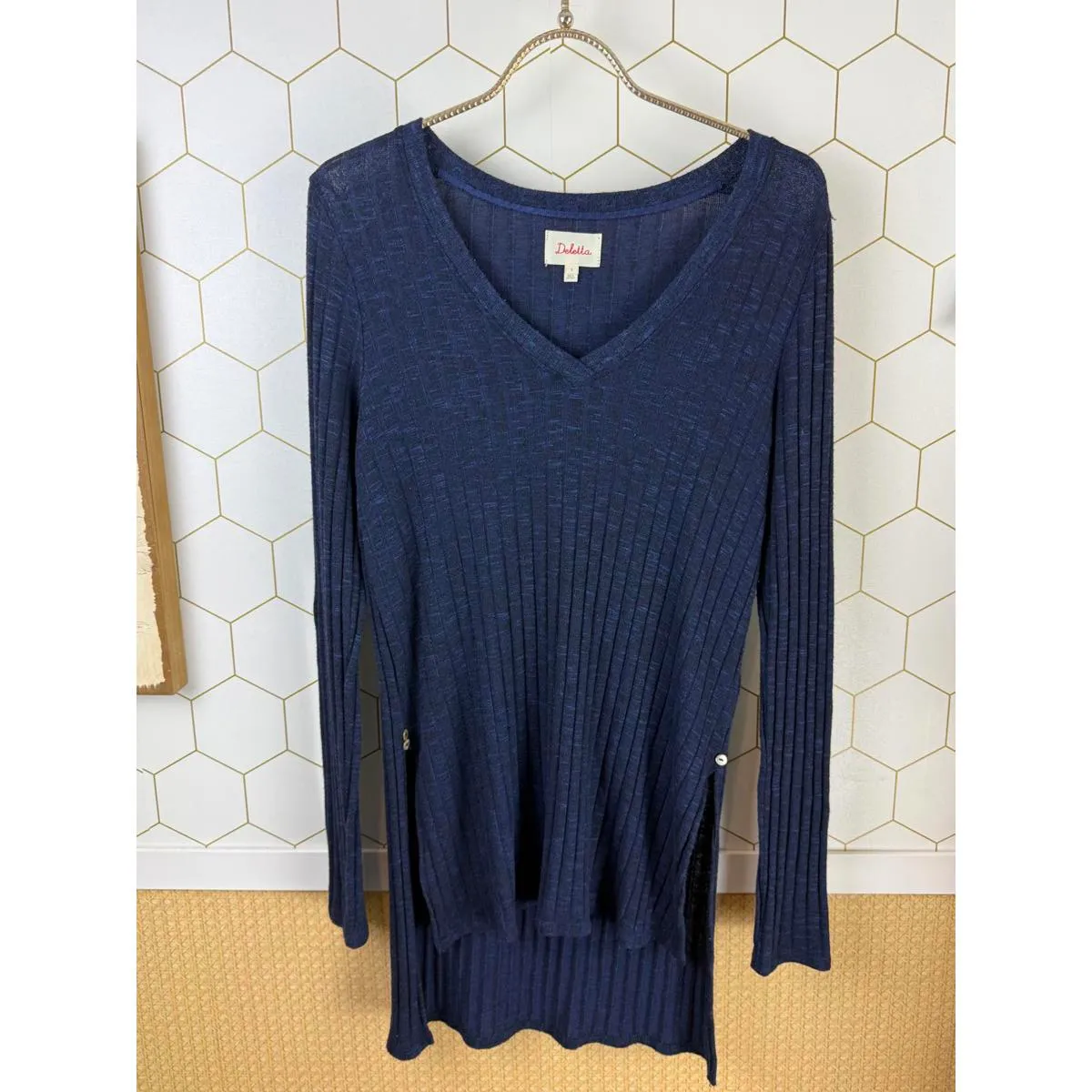 Deletta by Anthropologie Navy Blue V-Neck Button Detail Tunic - Size - Small - Image 8