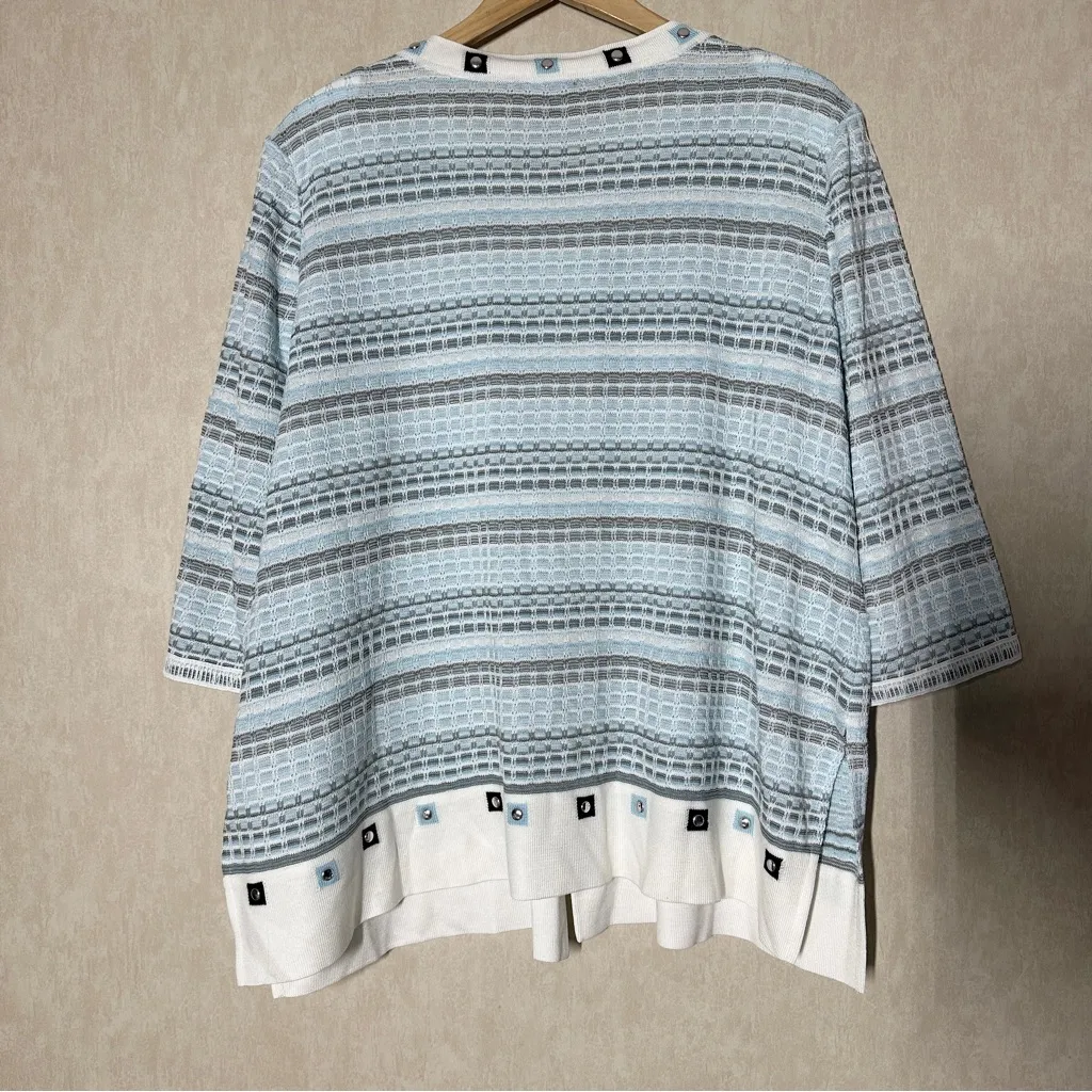 Ming Wang Women’s Knit Cardigan Sweater 7/8 Sleeve Preppy in Stripe Blue 1X - Image 5