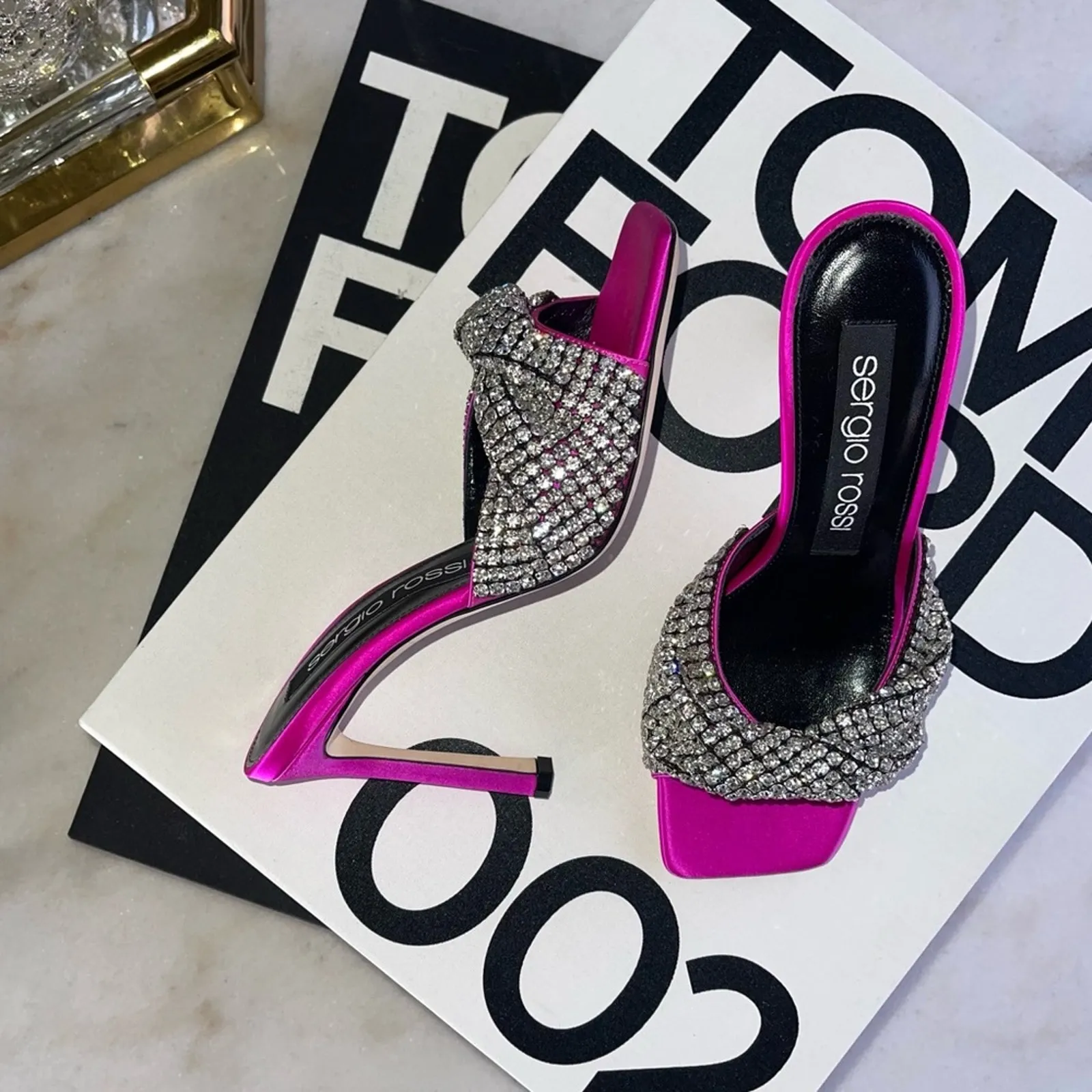 Sergio Rossi 95mm Tyra Embellished Satin Mules Heel Pumps in Fuchsia - Image 4