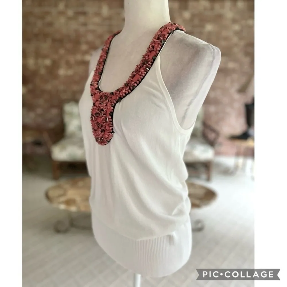 Cache Sweater Beaded Collar Halter Knit Tank Top Ivory L Cocktail Glam Y2K Boho - Image 8