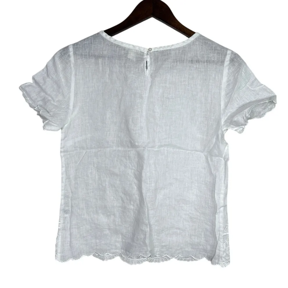 J. Crew Lightweight Linen Embroidery Scalloped Hem and Short Sleeve Top 2 White - Image 12