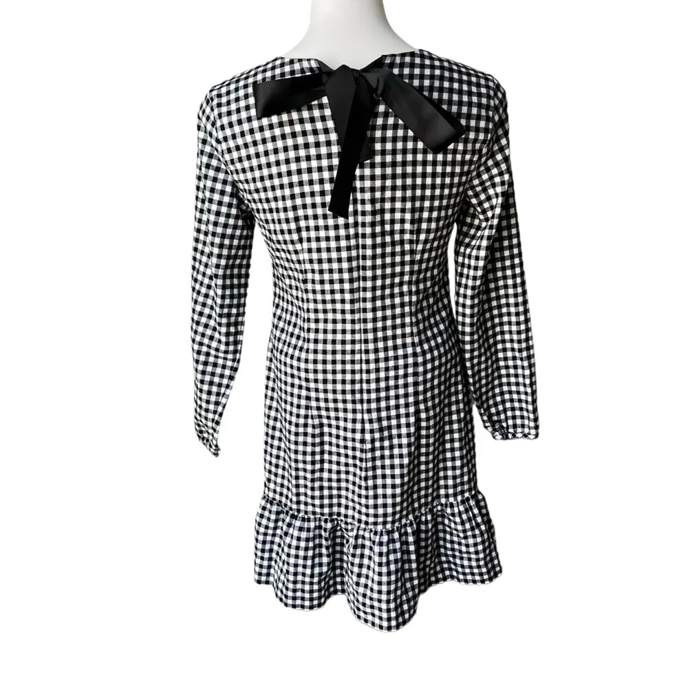 J. Crew Factory Black White Gingham Flannel Ruffle Bow Back Dress Long Sleeves - Image 5