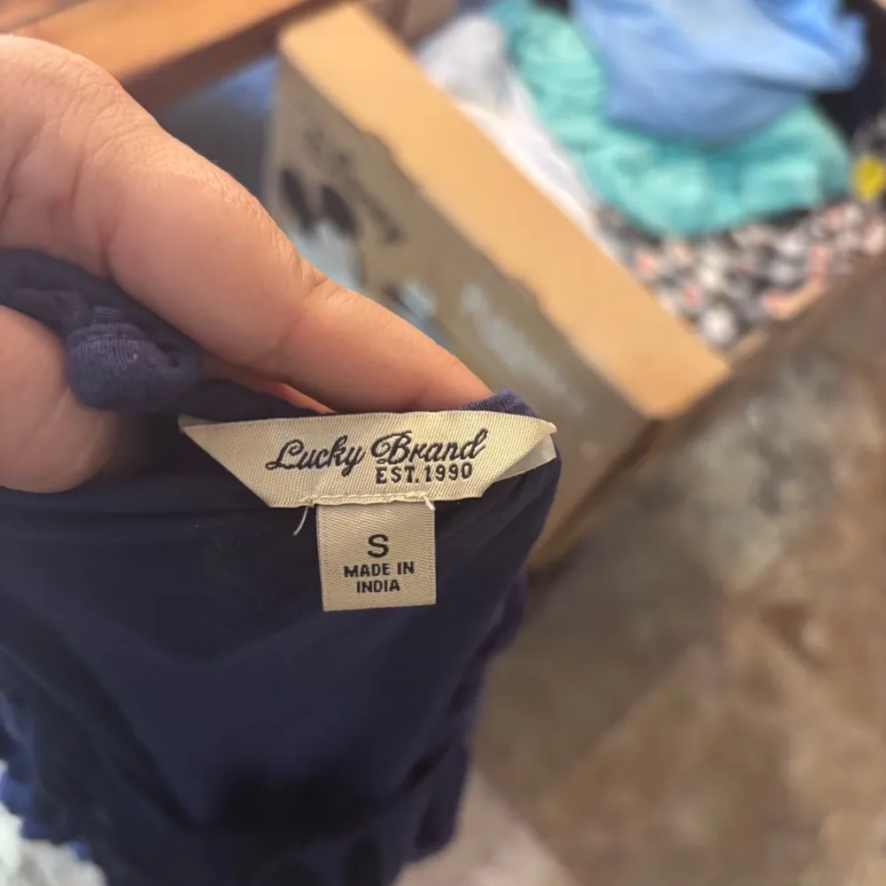 Lucky Brand womens lace scoop neck tassels bishop sleeve peasant top blue S - Image 4