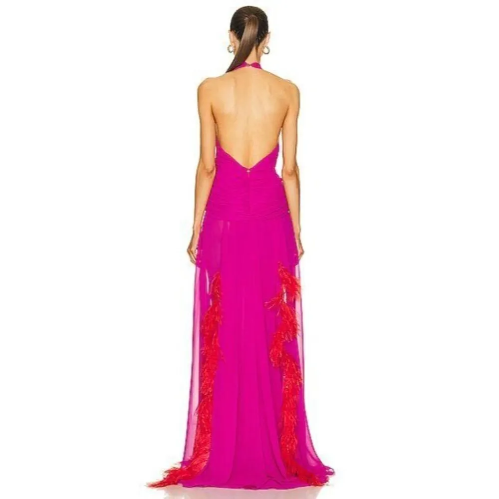NERVI Maria Clara Feather Dress in Fuchsia 36 New Womens Long Maxi Heart Gown Pink Size undefined - Image 2